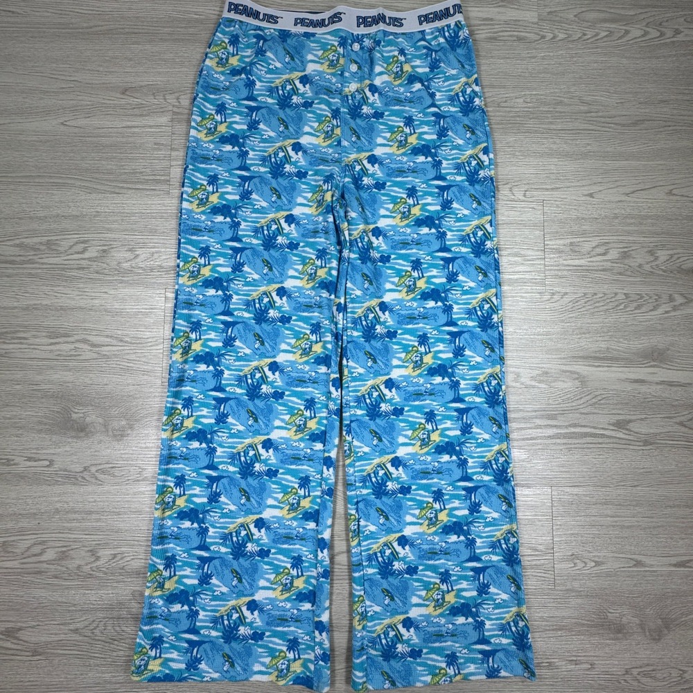 Peanuts Mens Pajama Pants Snoopy Woodstock Tropical Island Blue‎ XL Waffle Knit